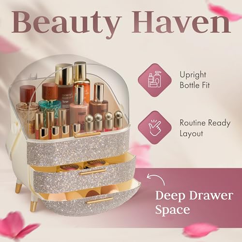 Covered Makeup Cosmetic Countertop - Large Cosmetic Organizer - Trendy Oval Shape Storage for Skin Care Organizer - Clear Lid, Storage Drawers, Carry Handle - Cute Stylish Decor Solution (Diamond)