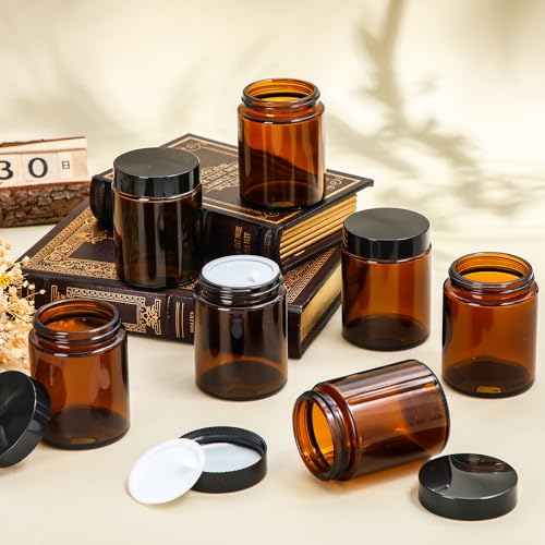 Domensi 24 Pcs 6oz Glass Jars with Lids Leakproof Round Airtight Empty Cosmetic Jars with Inner Liners Lid for Storing Lotions Spices Ointments Candle Making Food Storage (Amber)