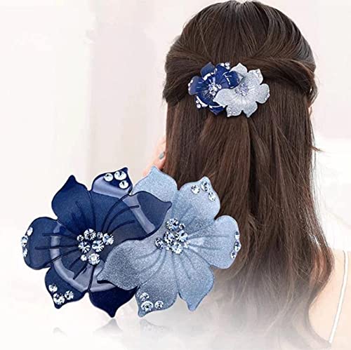 AKOAK 1 Pack Blue Plastic Flower Disc Hairpin, Acrylic Rhinestone Spring Clip, for Women/Girls Headwear, Non-slip/Firm/Simple (Blue)