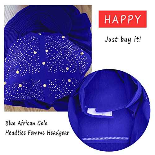 African Head Wrap Already Made Auto Gele Headties Women's Turban Hats&Caps Beading Wedding Nigerian Fashion Headbands (Royal Blue)