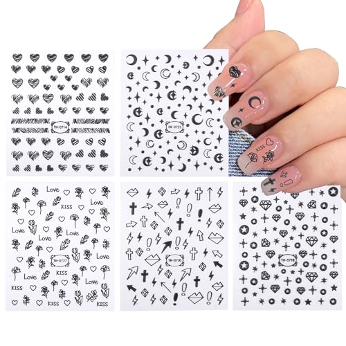 5 Styles Nail Art Stickers Relief Sculpture 5D Nail Decals for Nail Art, Scrawl Heart,Star,Moon,Crucifixion,Diamond,Rose Shape Self-Adhesive Nail Stickers for Nail Charm Decoration DIY Kit