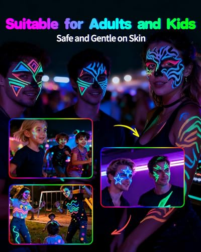 UV Glow Face Paint Markers - 10 Neon Colors, Waterproof