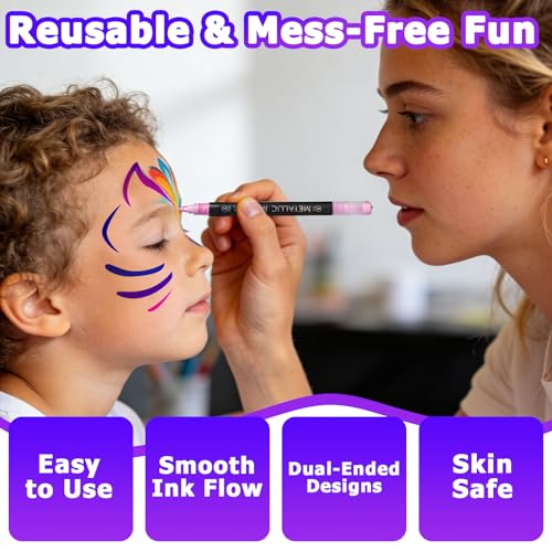 Temporary Tattoo Markers with Stencils - 16 Dual-End Pens + 12 Reusable