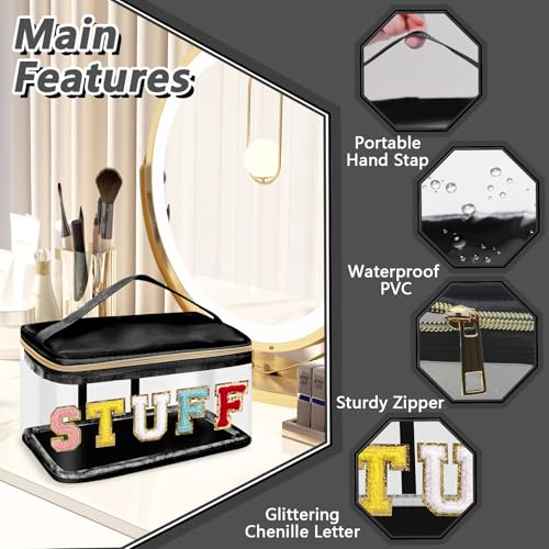 Chenille Letter Patches Clear Makeup Bags Stuff Purse Pouch, Preppy Nylon Cosmetic Toiletry Storage Bag with Handle Zipper, Waterproof PVC Portable Makeup Travel Pouch for Women Girls(Black/STUFF)