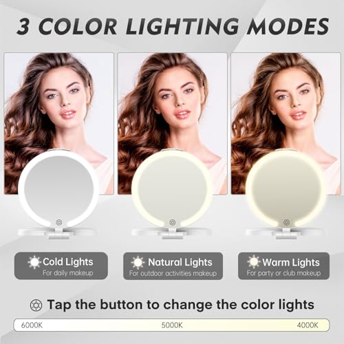 FUNTOUCH Travel Mirror with Lights and Magnification, 1X/10X Double Sided Makeup Vanity Mirror with 3 Color Setting, Christmas Birthday Gifts for Women Girls with Bag