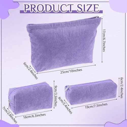 3 Pcs Makeup Bag Set for Women Corduroy Cosmetic Pouch Aesthetic Smile Travel Toiletry Bag Cute Purse Pouch Pencil Case Makeup Brushes Storage Organizer for Christmas(Purple,Solid Style)