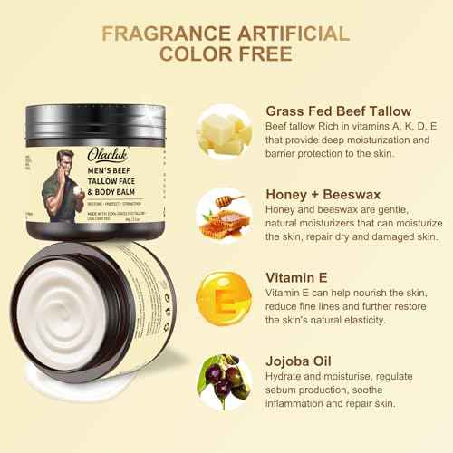Beef Tallow for Skin, Grass Fed Beef Tallow Honey Balm for Men, Honey Face Moisturizer Skin Care for Face and Body, Hydrating Anti Aging, Unscented, 2oz