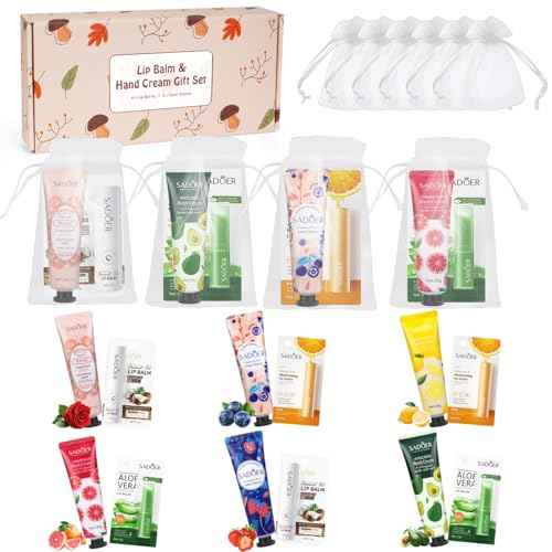Lip Balm And Hand Cream Gift Set For Women, 6 Lip Balm Bulk + 6 Organza Bags + 6 Hand Lotion, Bridal Wedding Favor for Guests , Christmas Gifts Stocking Stuffers Teacher Appreciation Thank You Gifts