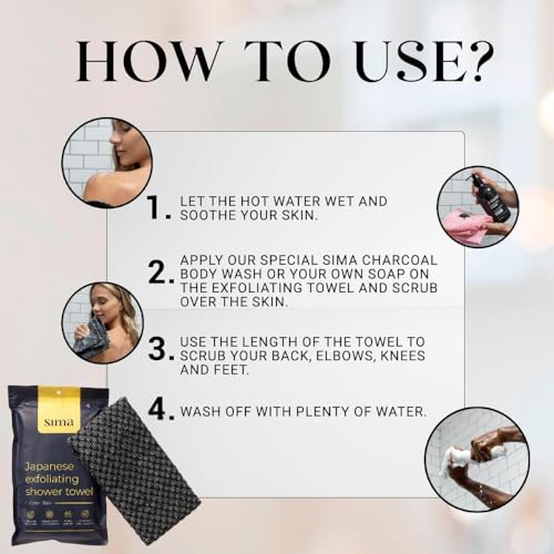 Exfoliating Washcloth Face & Body Scrub Towel - Japanese Exfoliating Towel with Hexagon Fibers, Body Scrubber with 2 Sides for Scrubbing & Washing, Extra Long Body Towels (Black)