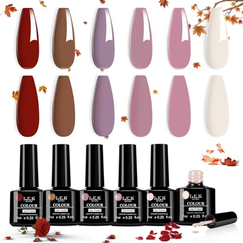 LKE Gel Nail Polish Set 6 Colors Autumn Neutral Brown Nude Pink Milky White Gel Polish Set Gel Nail Kit Soak Off U V/LED Nail Lamp Nail Art Design Manicure for Home DIY & Salon