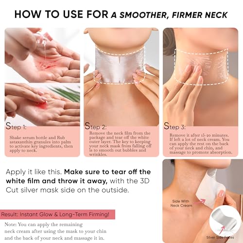 Neck Firming Mask with Collagen & Astaxanthin, 2 in 1 Anti-Wrinkle Neck Sheet Mask Set, Deep Hydration, Skin Tightening, Lifting & Moisturizing Care Patches for Daily Use & Travel, 5 Pack