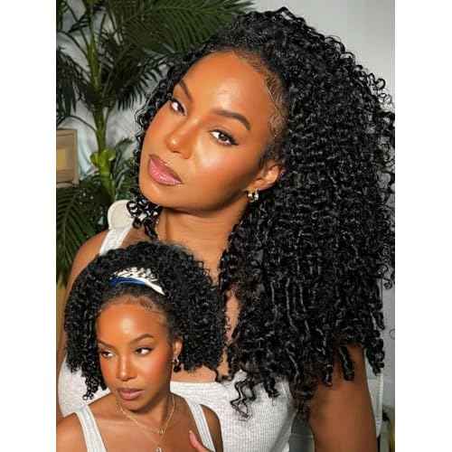 Larhali Half Wig Human Hair Glueless Wigs Upgrade 3 IN 1 Half Wig With Drawstring Seamless Clip Ins Flip Over Burmese Curly Human Hair No Glue No Lace For Women 200% Density (Natural Color, 22inch)