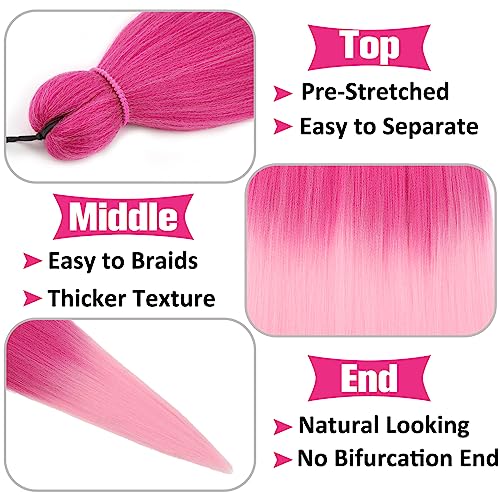 Unionbeauty Pre Stretched Braiding Hair 26 Inch Ombre Pink Braiding Hair 2 Packs EZ Braids Yaki Texture for Box Braids Hot Water Setting Crochet Hair Easy Braid Hair Extensions Synthetic Braiding Hair