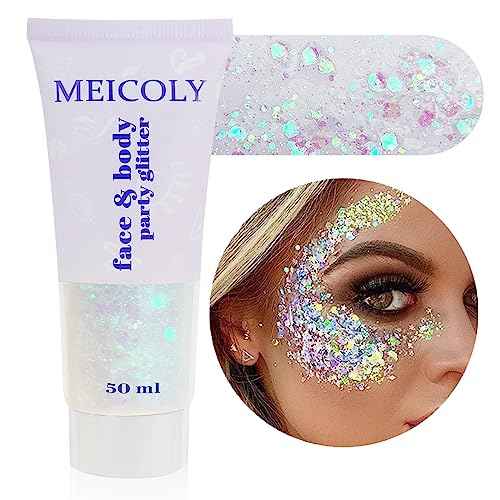 MEICOLY Clear White Body Glitter,Singer Concerts Music Festival Rave Accessories,Mermaid Face Glitter Gel,Sequins Glitter Face Paint,Chunky Hair Sparkling Halloween Glitter Gel for Women,50ml