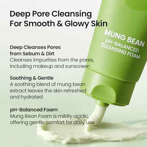 beplain Mung Bean pH-Balanced Cleansing Foam (2.7fl.oz/80ml) | Fragrance-Free | Non-Comedogenic Tested | Deep Pore Facial Cleanser | Suitable for Sensitive Skin | Face Mask Cleanser | Korean Skincare