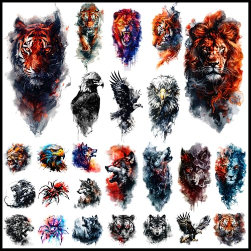 Watercolor Wildlife Temporary Tattoos for Men, 25 Sheets