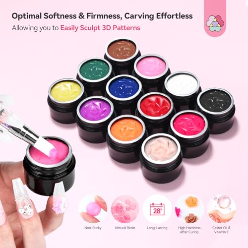 SAVILAND 12-Color Non-Sticky 3D Nail Sculpting Gel Set with Carving Pen