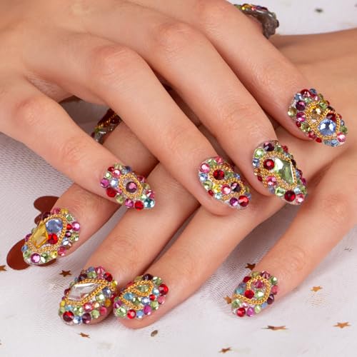 LOVFUL Press on Nails Precious | Handmade with Full Covered Crystals | Reusable Fake Nails | Almond Short 0.8 in | H175-M