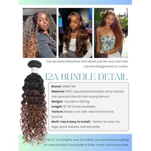 12A Brown Ombre Human Hair Bundles Water Wave 20 Inch, Chestnut Ombre Brown Wet n Wavy Single Bundle with Dark Roots 3 Tone Color #T1B/2/30 Thick Sew In Weave Remy Hair Keep Soft After Washes
