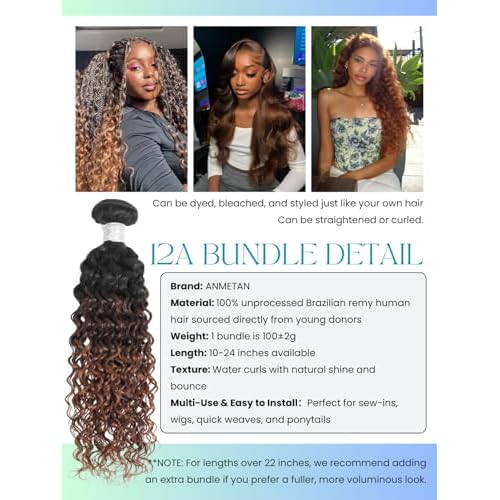 12A Brown Ombre Human Hair Bundles Water Wave 18 Inch, Chestnut Ombre Brown Wet n Wavy Single Bundle with Dark Roots 3 Tone Color #T1B/2/30 Thick Sew In Weave Remy Hair Keep Soft After Washes