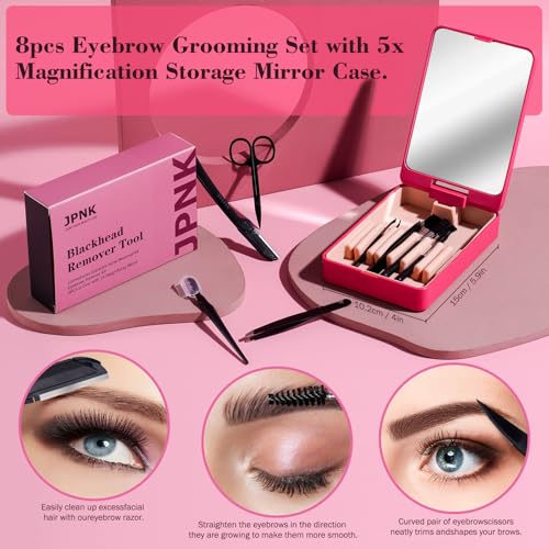 JPNK 8-in-1 Eyebrow Grooming Kit with 5X Magnifying Mirror