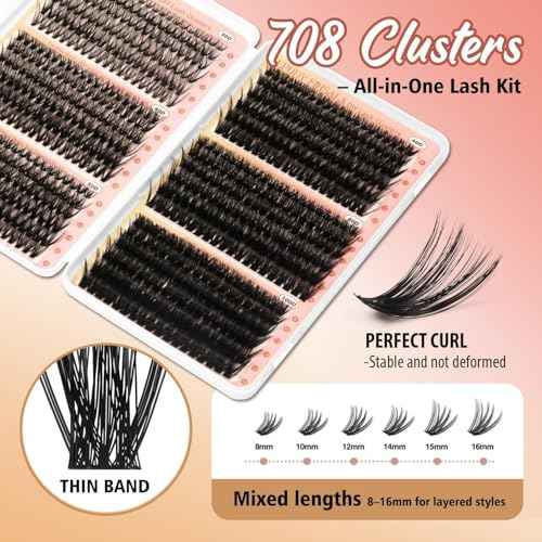 Volume Lash Clusters Kit 30-100D DIY Eyelash Extension 708pcs Thick Individual Lashes 8-16mm with Lash Bond and Seal, Tweezers, Brush, Super Thin Band False Eyelashes EPUDY FIHSALA
