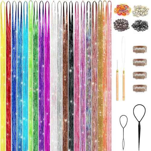 Hair Tinsel Kit (48 Inch,20 Colors,6000 strands), Tinsel Hair Extensions with Tools£¬Heat Resistant Fairy Hair Tinsel Kit for Women Girls Hair Accessories