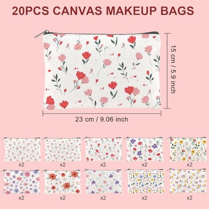 20PCS Flower Canvas Makeup Bags Bulk Floral Cosmetic Bags for Women and Girls Multicolor Travel Pouch Wildflower Canvas Toiletry Bag Bulk Makeup Organizer Bags for Friendgiving Friend Gifts