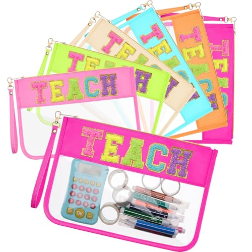 Kacctyen 6 Pcs Chenille Letter Clear Zipper Makeup Bags