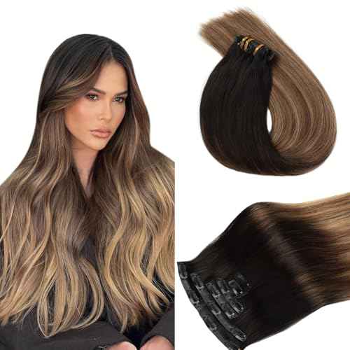 Worldstar Invisible Clip in Hair Extensions Human Hair 22 Inch 6pcs 130g #1B/4/27 Natural Black Ombre Brown with Caramel Blonde Seamless Clip in Hair Extensions PU Skin Weft Straight (pu#1B/4/27-22)