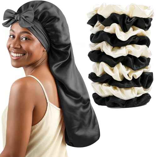 Long Hair Bonnet for Women, XL Silky Satin Sleeping Cap with Tie Band for Braids Curly Hair, Includes 10PCS Scrunchies