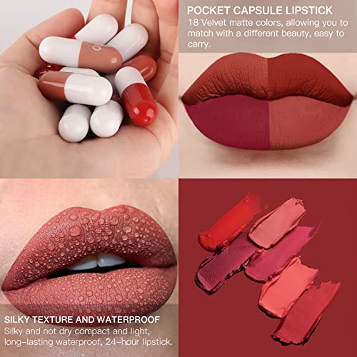 18 Colors Capsule Pills Lipstick Mini Lip-Stick Set, Long Lasting Mini Matte Lipstick Lip Stain Lip Tint - Labiales Mate 24 Horas Originales, Cute Dark Red Matte Lipsticks Set for Women