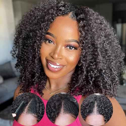 Kinky Curly V Part Wig Human Hair Upgrade U Part Human Hair Wig With Adjustable Drawstring Wig V Shape Clip In Half Wigs Afro Curly for Women No Sew in NO Glue200% Density 18 Inch