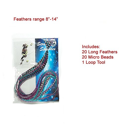 Feather Hair Extensions, 20 Real Rooster Feathers, 8-11 inches, with Beads & Tool