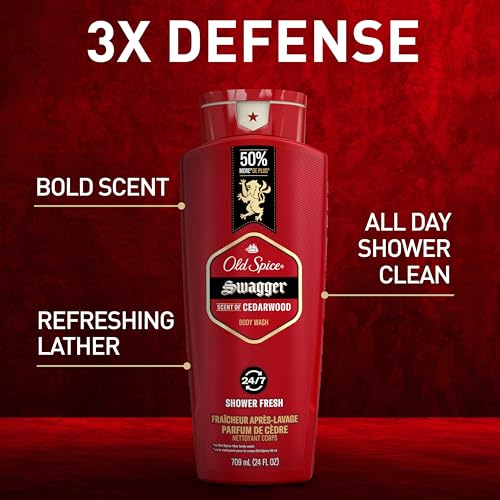 Old Spice Refreshing Body Wash for Men, 3X Defense, 24/7 Shower Fresh with Long Lasting Scent, Red Collection, Swagger with Cedarwood Scent, 24 oz (Pack of 6)