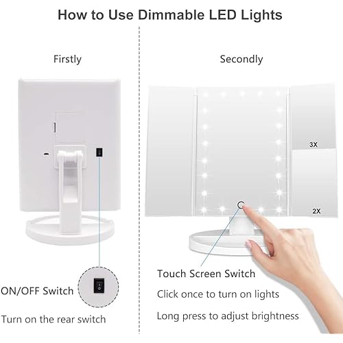 WEILY Makeup Vanity Mirror with 21 LED Lights and Touch Screen, Tri-Fold 1x 2X 3X Magnification,180¡Æ Adjustable Rotationand USB Powered,Countertop Cosmetic Makeup Mirror (White)