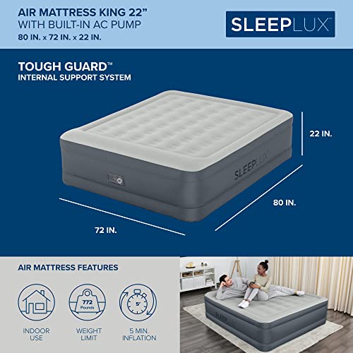 SleepLux King Air Mattress Extra Durable Non-Leak Tough Guard Material 22" Raised Airbed with Built in Pump + USB Charger (80" 72"x22") Grey