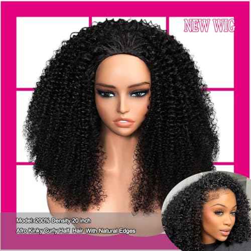 Kinky Curly Half Wig Human Hair 200 Density 3 In 1 Seamless Flip Over Half Wigs Human Hair Glueless Wear and Go Beginner Friendly Kinky Curly Wig Human Hair Drawstring Headband Wig for Women 20 Inch