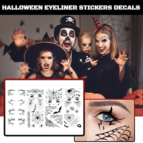 Halloween Eye Shadow Stickers Eyeliner Decals Spider Bat Spider Web Skull Bat Temporary Tattoo Stickers Face Eye Makeup Tattoos Stickers for Women Girls Halloween Masquerade Party