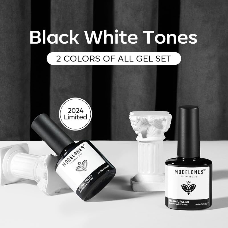 modelones Gel Nail Polish Set, 2 Pcs 15 ML Black and White Gel Polish White Gel Nail Polish Soak Off LED Fall Gel Polish Halloween Nails Art Manicure Home Gift for Women Girl