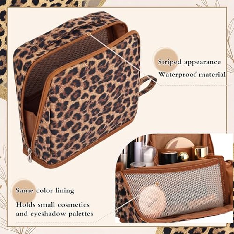 Leopard Print Standing Makeup Bag - Large Capacity & Waterproof