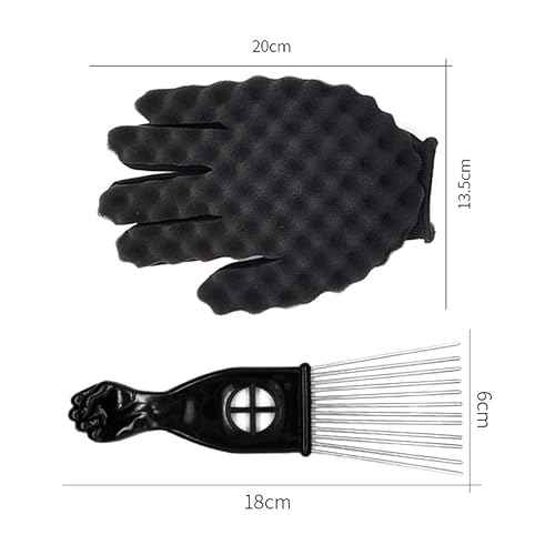 Hair Sponge Set,Afro Brush, Magic Curl Glove, Metal Pick Comb, and Twist Comb for Hairstyling (Black-6Pcs)