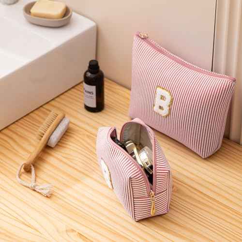 Pink Personalized Initial Makeup Bag Set, Cute Preppy Travel Toiletry Cosmetic Bags, Small Make Up Pouch, Birthday Gifts for Women, Girls, Friends, (M)