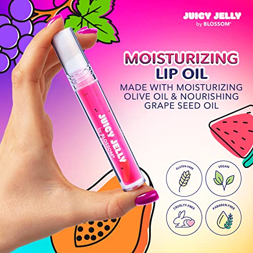 Blossom Scented Roll on Lip Gloss and Juicy Jelly Moisturizing Lip Care Nourishing Lip Oil, 2 Pack, Strawberry