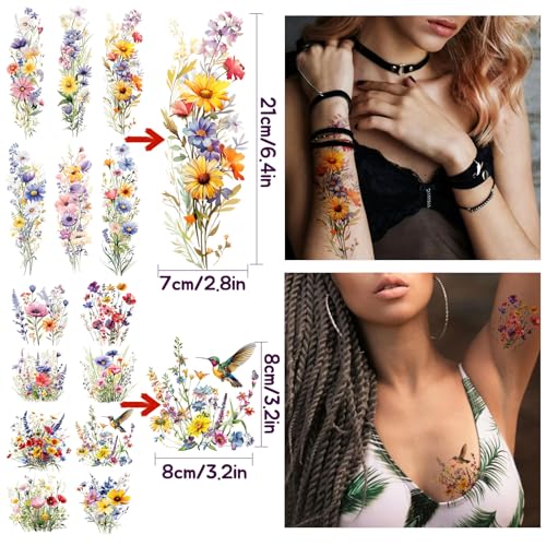 14 Piece Flower Temporary Tattoos Set - Watercolor Floral Design