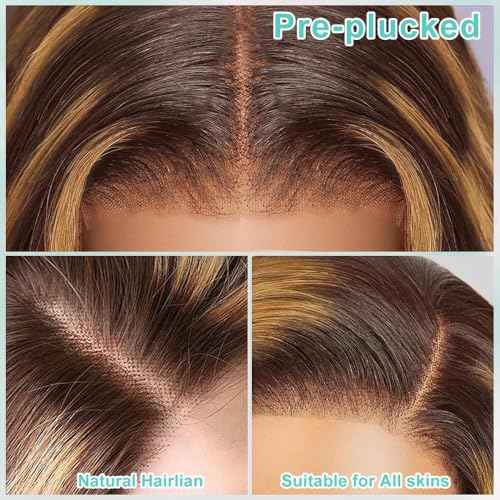 Highlight Ombre 13x6 Lace Front Wig Human Hair 220% Density Honey Blonde Ombre Highlight Body Wave Human Hair Wig Pre Plucked with Baby Hair 4/27 Highlight Wigs for Women 22 Inch