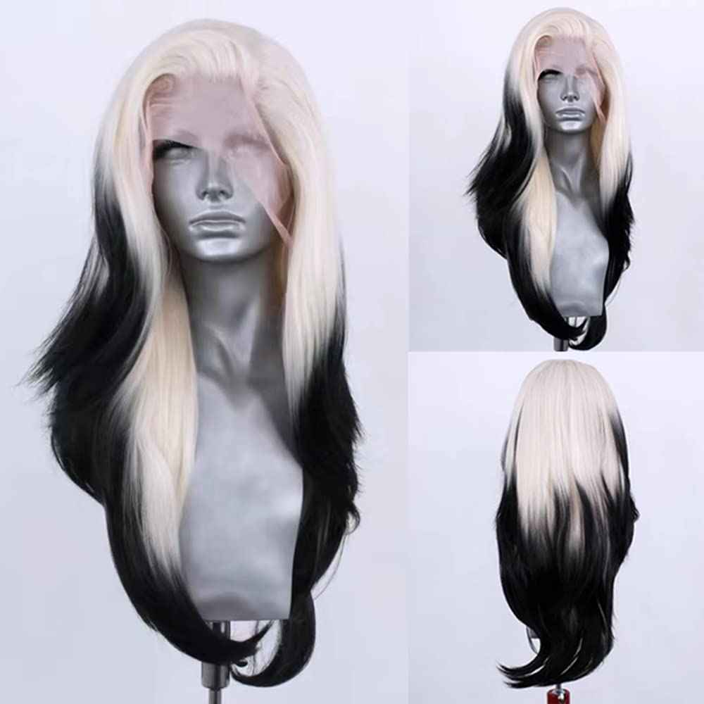 RONGDUOYI Ombre Color Synthetic Lace Front Wig for Women 13x4 Glueless Natural Straight Platinum Black Lace Wig Glueless Natural Hairline Synthetic Daily Wear Costume Party