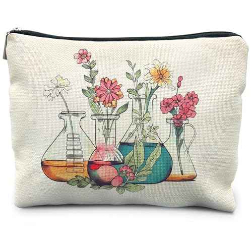 Science Teacher Gifts Makeup Bag - Floral Beakers Cosmetic Pouch