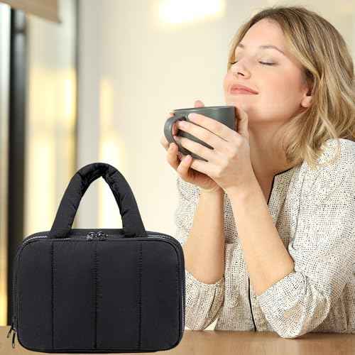 CAMTOP Travel Toiletry Bag for Women Travel Toiletry Organizer Lightweight Large Wide-open Makeup Bag Large Capacity Qulited Cosmetic Bag Puffy for Essentials Organizer (Black)