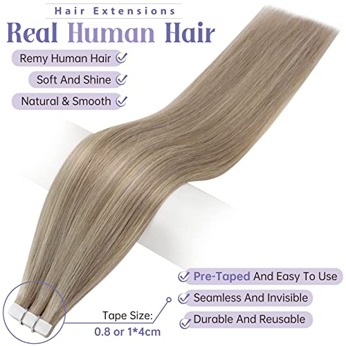 Full Shine Tape in Hair Extensions Human Hair 18inch Blonde Human Hair Tape in Extensions Remy Hair 18/22 Ash Blonde Highlight with Platinum Blonde Invisible Hair Extensions Tape in 20Pcs 50Grams